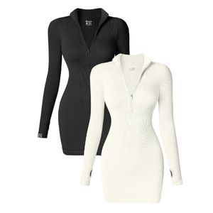 Sexy Ribbed Zip Front Long Sleeve Top Mini Dress Small Off White/Beige NWOT